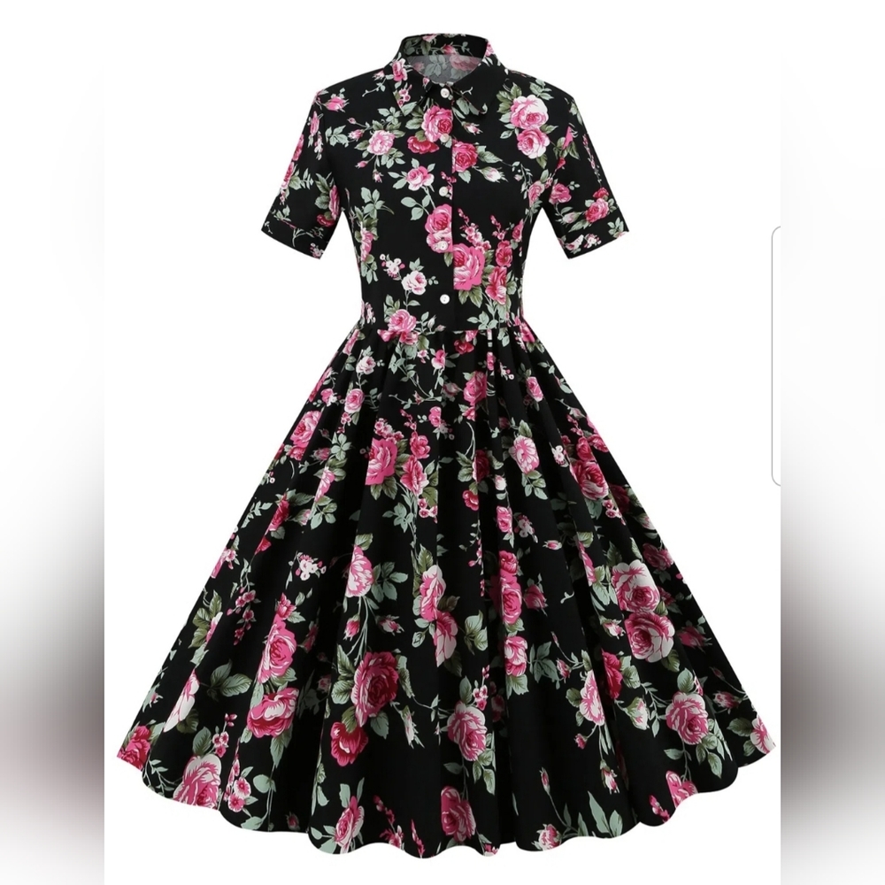 🎀NWOT Women Single Breasted Printed Short Sleeve High Waist Vintage Dress🌹